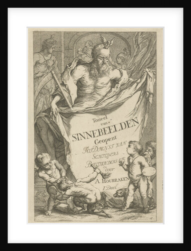 The Death personified holding a cloth on which the series title in ten lines in Dutch by Arnold Houbraken