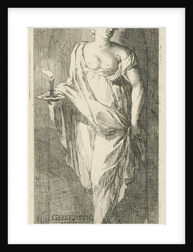 A female figure as the personification of obsequiousness in a niche, with her right hand in a candle holder with a burning candle by Arnold Houbraken