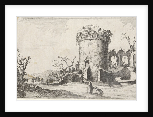 Fountain at ruin with a round tower by Gillis van Scheyndel I