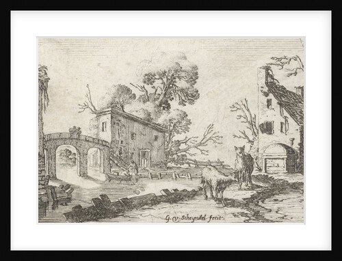 Hearing, at the river are a farm, a tower and other buildings by Gillis van Scheyndel I