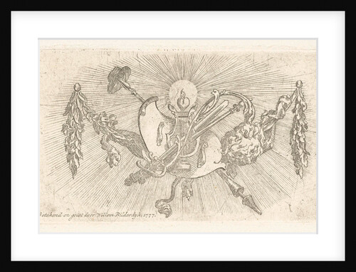 Vignette with winch, burning heart, shield, freedom hat and sun by Willem Bilderdijk