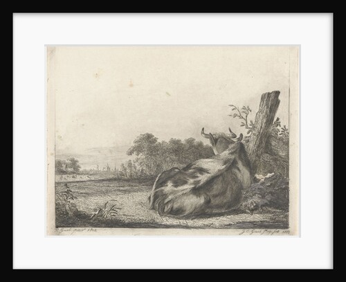Spotted cow lying near a wooden pole by Jacobus Cornelis Gaal