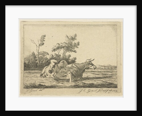 Two white cows lying in front of a group of trees by Jacobus Cornelis Gaal