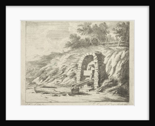 Drinking bowl with water through wooden pipes from rock by Jacobus Cornelis Gaal