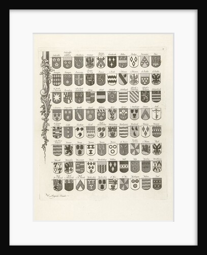 Lower left leaf of a set of nine prints, all with weapons of ancient lineages from Utrecht by Johannes van Hiltrop