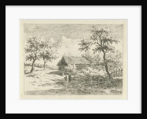 On a road walk a man and a child along some tree trunks by Gerrit Jan Michaëlis