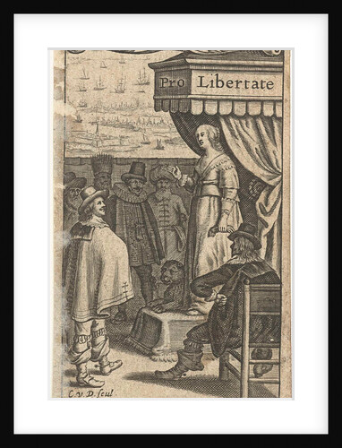 Dutch Virgin with lion on throne speaks to men from different countries, with title cartouche by Joannes Maire