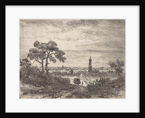 View of a city, Rhenen (?), With a church and a mill, leading a horse-drawn carriage with a figure on a country road by Johannes Pieter van Wisselingh