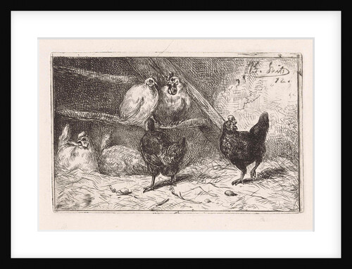 Cock and five chickens in a henhouse, two of them perching, two black chickens scratching around by Jan Gerard Smits