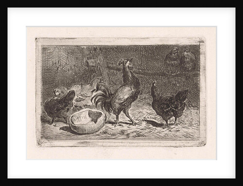 Crowing rooster with chickens in a coop by Jan Gerard Smits