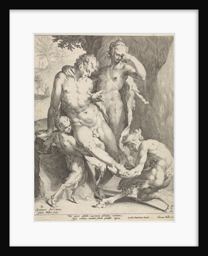 A Oreade, with spectacles on nose, removing a thorn from the foot of a satyr by Jan Harmensz. Muller