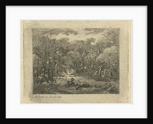 Cavalrymen around an explosion in a village by Gerardus Emaus de Micault