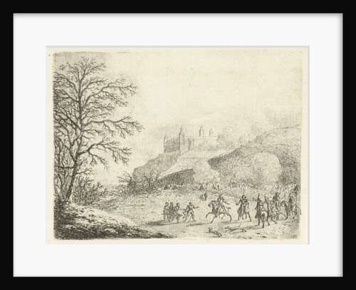 Cavalrymen at a tent camp at the bottom of a hill by Gerardus Emaus de Micault