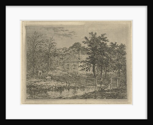 View of a house located between trees and shrubs, at the gate with a deer by Gerardus Emaus de Micault