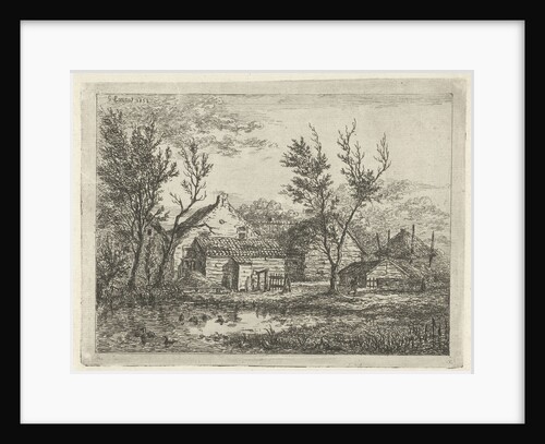 On a farm with several buildings and a haystack, a person walks near a tree, a pond with ducks by Gerardus Emaus de Micault