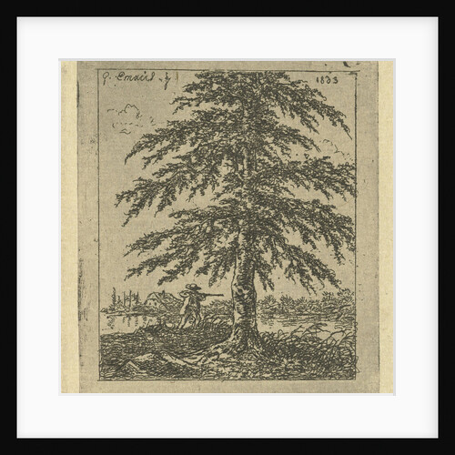 Under a beech a hunter aims his rifle at a duck by Gerardus Emaus de Micault