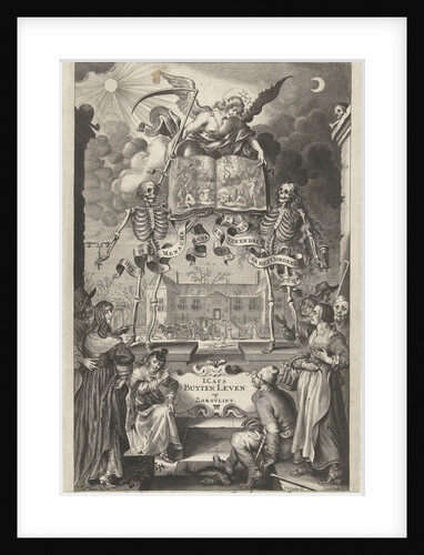 City People and peasants watching two skeletons and angel with book open by presentation of final judgment by Anonymous