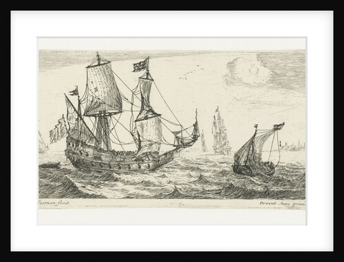A large sailing ship, a pinnace, and a smaller ship, on the water, three large ships, a village right on the coast by Anonymous