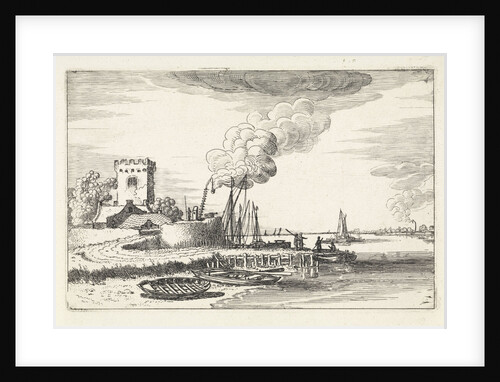 Landscape with a lighthouse in a port by Jan van de Velde II