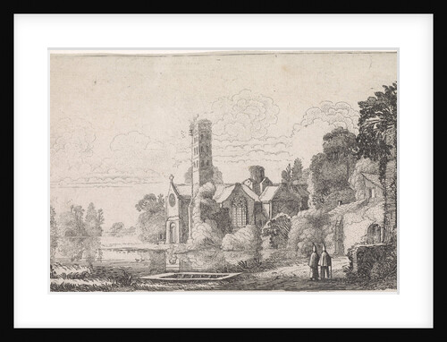 Two monks at an abbey in a river landscape by Jan van de Velde II