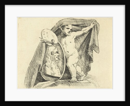 Child with painters palette and portrait of deceased artist and mourning veil by Antonis Aloisius Emanuel van Bedaff