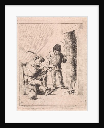 A standing and a seated peasant both smoking pipe by the fire, left a jar by David Teniers II