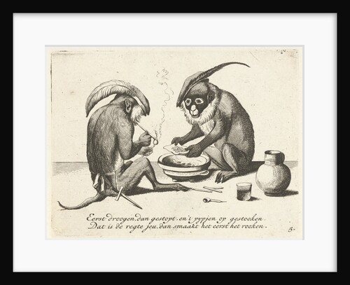 Two monkeys smoking a pipe by Anonymous