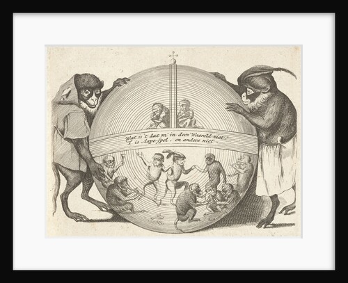 Title print of a series of six prints in which various human activities are represented by monkeys by Quirin Boel