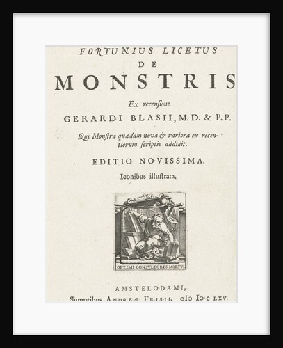 Title page for Fortunius Licetus, The Monstris, Amsterdam 1665 by Andreas Frisius