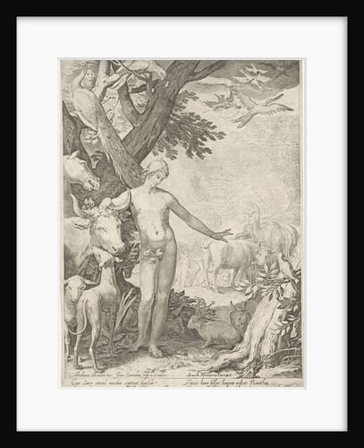 Adam stands in the foreground, around him all kinds of animals by Jan Saenredam