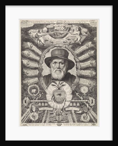 Portrait of Dirck Volckertsz Coornhert in allegorical frame by Theodor Matham