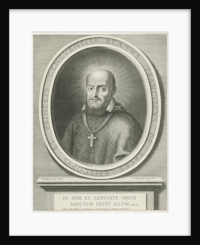 Portrait of St. Francis de Sales, a halo behind his head, he was bishop of Geneva and Annecy, on the pedestal a Bible quote by Nicolas Pitau I