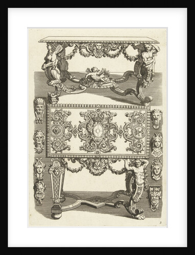 The upper table is shown in perspective, with the lower table top is shown upright, on both sides four masks are shown by Daniël Marot I