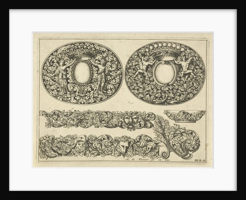 Two oval lids for boxes, two leafs, a small plate and a corner motif of leaf tendrils, Anthonie de Winter by Anonymous
