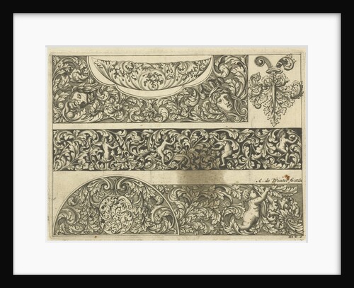 Three strips with foliate scrolls, masks and putti, Anthonie de Winter by Anonymous