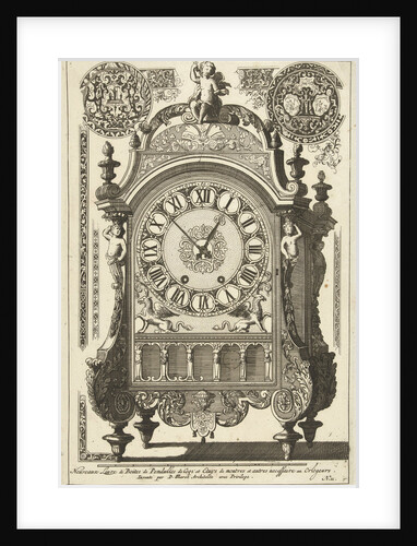 Clock and a putto, title page from the series Nouveaux Liure de Boites de Pendulles by Daniël Marot I