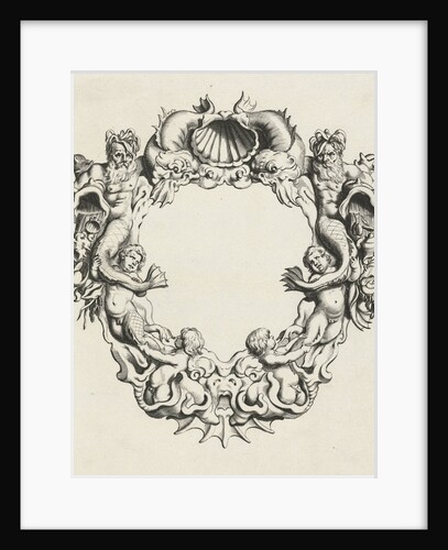 Cartouche with lobe ornament, a top shell flanked by dolphins by Clement de Jonghe