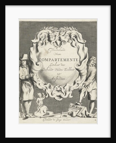 Cartouche with lobe ornament held up by two men by Clement de Jonghe