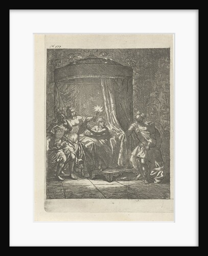 In a dark bedroom is Aristodemus prince of Cuma in bed while he is betrayed by his companion Xenocrite by Arnold Houbraken