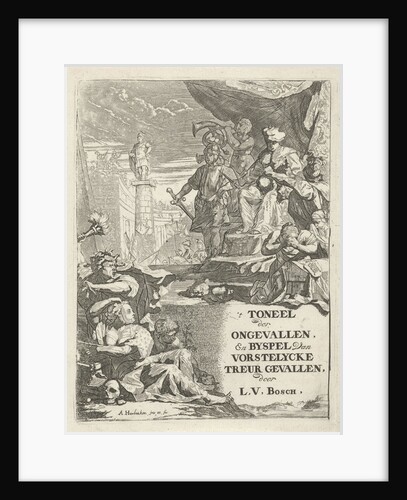 Severed heads for a prince on a throne by Arnold Houbraken