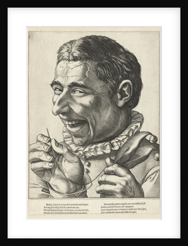 Laughing jester with needle and thread by Anonymous