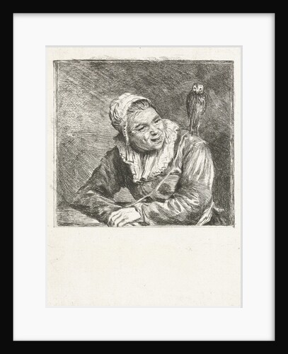 Portrait Bust of a smiling old woman with white cap and collar, on her shoulder is an owl by Louis Bernard Coclers