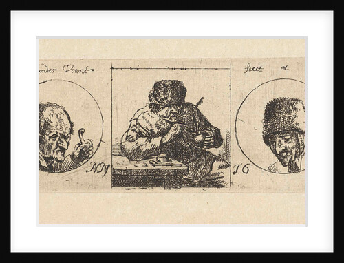 In the middle a smoker, right the head of a man with fur hat, left the head of a man holding in his hand a stick by Jacob Laurensz. van der Vinne