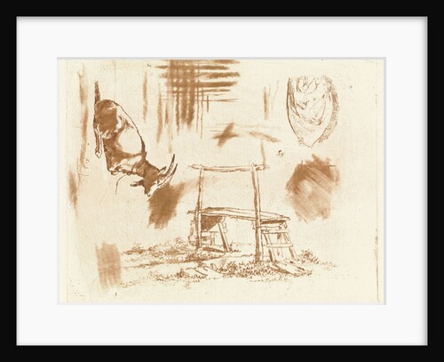 Study Sheet with reclining goat, a wooden bench and a drapery by Johannes Huibert Prins