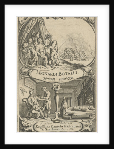 Cartouche with a battlefield and a doctor who takes care of the wounded for a tent by Pieter Philippe