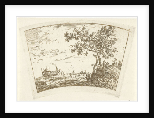 Landscape with a farm and a haystack left and right two figures on a hill by Cornelis van Noorde