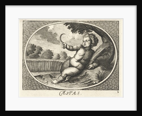 Summer in form of child with scythe and sheaf of corn near cornfield by Joh. Christoph Schmidhammer