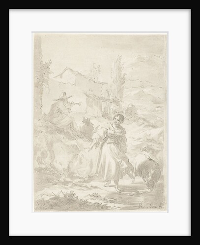 Shepherd sits on a rock and plays pipe, a shepherdess, goats by Jurriaan Cootwijck