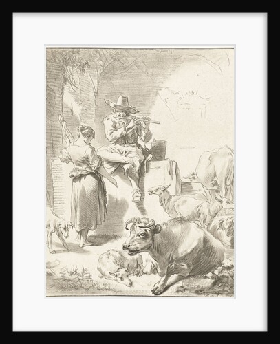 Shepherd sits on a rock and plays the flute, a shepherdess spinning, goats and cows are around the couple by Jurriaan Cootwijck