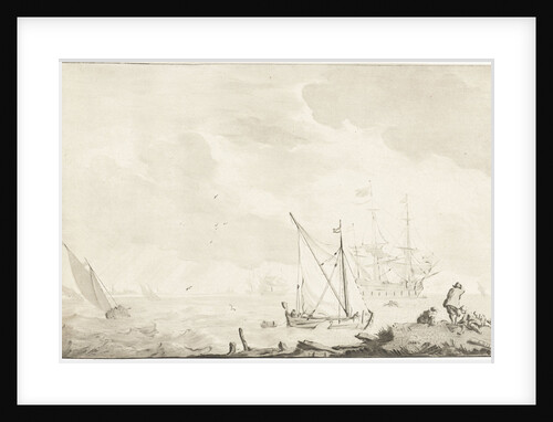 Warship at the beach by Ludolf Bakhuysen